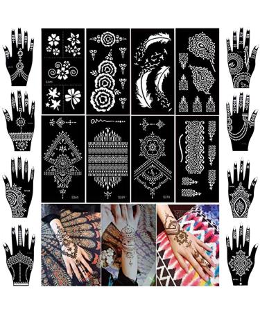 XMASIR Henna Tattoo Kit Stencils, 16 Sheets Temporary Reusable Tattoo Sets Indian Arabian Temporary Tattoo Templates Kit for Body Art Paint