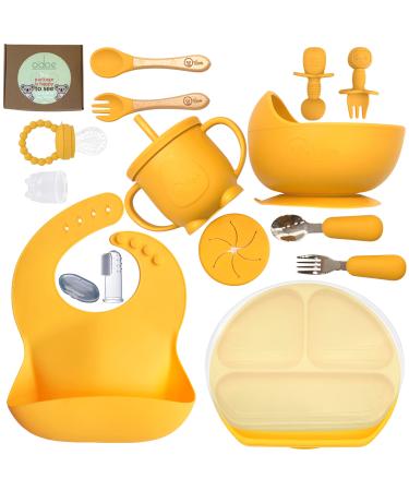 O'doe Baby Led Weaning Feeding Supplies for Toddlers Baby Feeding Set (17 Pcs) | Suction Silicone Baby Bowl Self Eating Utensils with Spoons Cup Bibs Food Plate Kit with Lid (Yellow V2)
