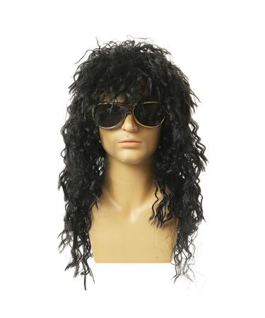 SKHAOVS 70s 80s Heavy Metal Disco Wig Rock Star Heavy Metal Hard Rocker Wig Glam Rock Fancy Dress Wig Long Curly Hat Black Rocker Costume Wig Rocker Fancy Dress Accessories (Black)