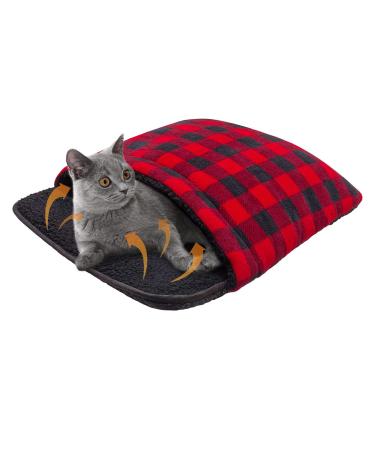 SCIROKKO Self Warming Cat Bed - No-Slip Kitty Sleeping Bag, Thermal Pet Cave, Soft Small Animal Mat, Plaid Heated Pad for Kitten