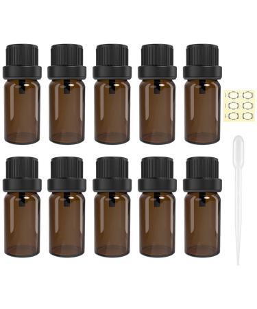 Alledomain 10Pcs 5ml Essential Oils Amber Glass Bottles with Black Cap & 1 Dropper & 12 Labels Mini Empty Amber Bottle Refillable Sample Container for Massage oils/Aromatherapy/Perfume