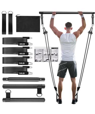 Qicool Pilates Bar Set adjustable Pilates Bar Kit with 4 resistance tapes foam handle and door anchor for legs hip.Portable fitness equipment for home for yoga pilates stretch shapes black (adjustable 40.50lbs))