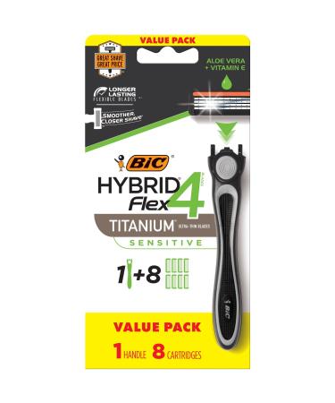 BIC Flex 4 Hybrid Disposable Razors for Men, Sensitive Skin Razor For a Smooth and Close Shave, 1 Handle and 8 Cartridges With 4 Blades