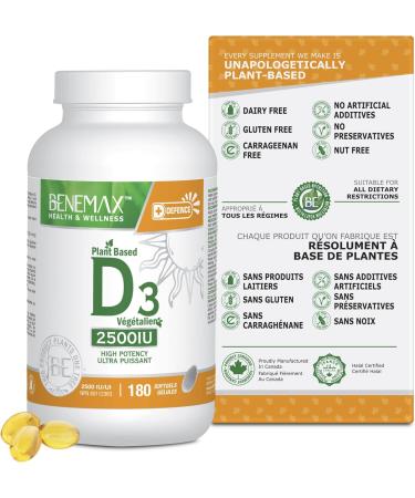Benemax Vitamin D3 2500 IU For Healthy Bones Teeth and Helps Prevent Vitamin D Deficiency Plant Based & Vegan 180 Day Supply - Buy Online on SooperMarket.com