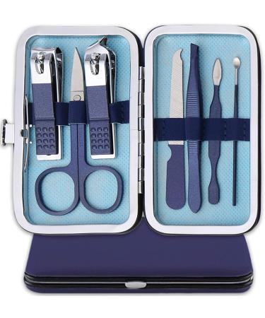 Nail Clipper Manicure Set 7 In 1 Stainless Steel Professional Pedicure Kit Nail Scissors Grooming Kit with Black PU Leather Case for Travel & Home Use (Blue Leather)