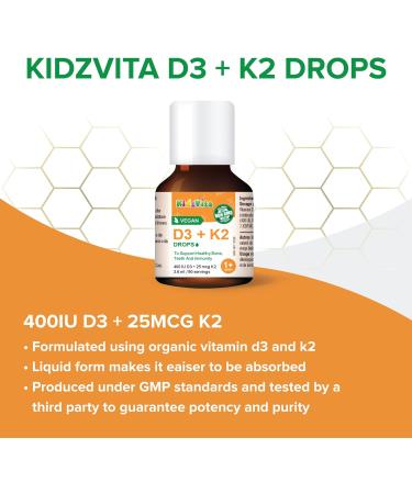 KidzVita - Organic Vegan Vitamin D3 & K2 Drops 400 IU - Support Healthy Bone Teeth and Immunity - Children s Multivitamin For 1 to 8 Years Old 3.6 ML 90 Servings - Buy Online on SooperMarket.com