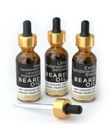 Grand Parfums MEN'S Beard Oil 3 Scents- 100% Organic & Natural Skin & Hair Conditioners Infused w/Essential Oils Argan Almond Jojoba & Castor Oils Softer Stronger Beards (Sandalwood Lovers)