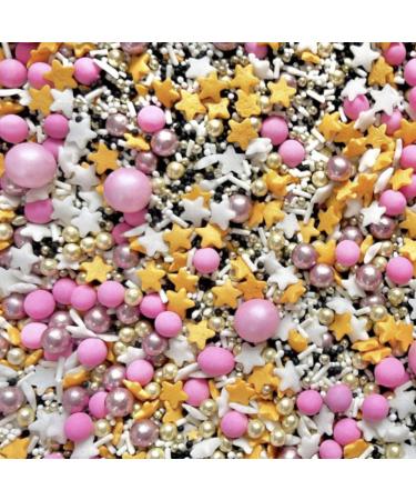Pink white stars gold New Year's Eve NYE graduation sprinkles white pearls chocolate balls edible cupcake cake toppers biscuits pearls decoration 100s 1000s bright baking SHOOTING STAR