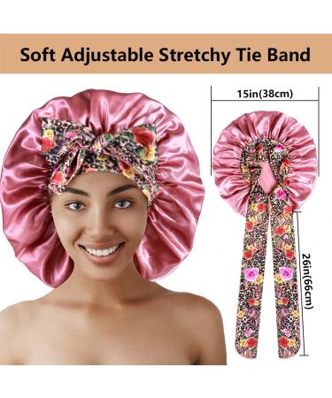 2pcs Large Silk Bonnets with Tie Band for Sleeping Curly Hair - A-black & Rose Gold - Buy Online on SooperMarket.com