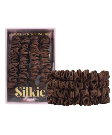 Silkie 4-Set 100% pure mulberry lide black thin hair tie with travel bags hair tie for every day hair care ponytail holder without hair damage (chocolate)