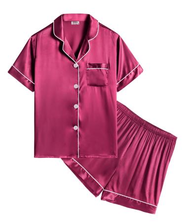 SWOMOG Kids Silk Pyjamas Girls Boys Short Sleeve Satin PJs Sets Button-Down Silky Nightwear Children Sleepwear Teens Age 4-16 10-11 Years Grapefruit