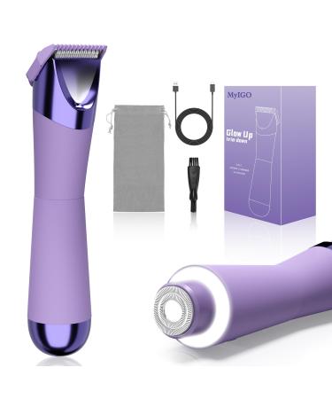 Bikini Trimmer for Women 2 in 1 Electric Shaver/Razors for Women w/Dual Lights Waterproof Wet/Dry Pubic Hair Trimmer for Legs Body Painless Face Facial Hair Removal Remover USB-C Charging Purple