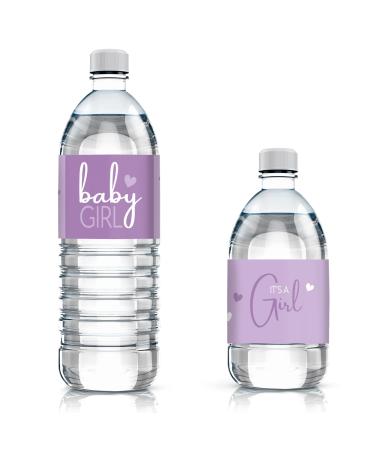 Purple It s a Girl Baby Shower Water Bottle Labels - Sweet Baby Girl Themed Waterproof Wrappers - 24 Count