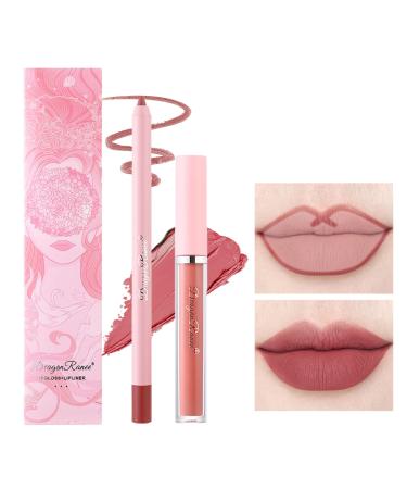 2Pcs Red Brown Lip Liner Pencil and Lipstick Set Velvety Creamy Matte Lip Liner Not Fade No Smudge Lip Crayon Lip Stain Long Lasting Waterproof High Pigmented Lip Pencil Liner Makeup Kit for Women Girls (04)