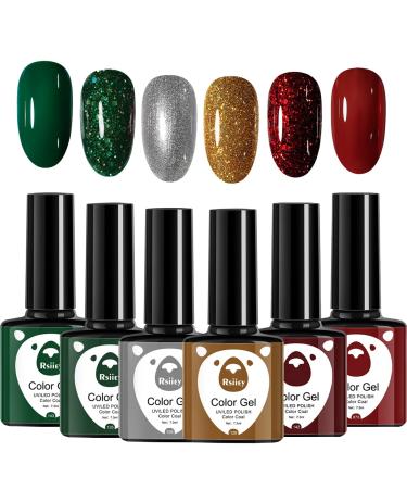 Christmas Gel Nail Polish Set Glitter Red Green Gold Silver 6 Colors Burgundy Dark Red Soak Off LED/UV Lamp Manicure Nail Varnish Sets for Women Nail Art Salon DIY Home