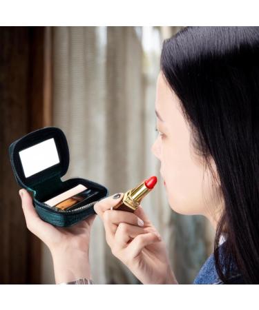 Small Makeup Bag with Mirror - Portable Lipstick Holder for Women | Red Lipstick Pattern & Dark Green Color - Holds 3 Lipsticks | Ideal Zippered Toiletry Bag for Travel - Buy Online on SooperMarket.com