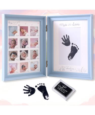 Mikytoper Baby Hand and Footprint Kit Baby Framed Photo Kit Anniversary Growth Record Baby Gifts Reusable Ink Cartridge Photo Frame (Foldable Blue)