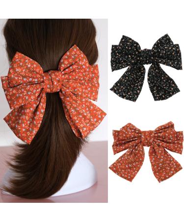 Aysekone 2 Pieces Chiffon Big Hair Bows Bow Hair Clips Ponytail Holders Large Hair Bows Hair Bows Hair Clips Daisy Hair Clips Floral Hair Bow Clips for Women Girls(Orange+Black) Floral A - Orange Black