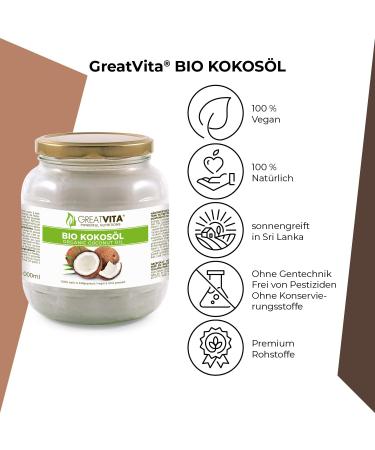 GreatVita Organic Virgin Coconut Oil 1000ml - Premium Glass Jar for Cooking Baking Skin & Hair Care - Buy Online on SooperMarket.com