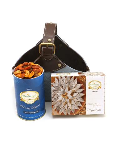 Jaiccha Ghasitaram Leather Buckle Basket Small of Mixed Dryfruits and Kaju Katli|Gift for Diwali Gifts Holi Rakhi Valentine Christmas Birthday Anniversary Her Him|