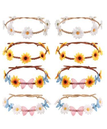 AWAYTR 8pcs Sunflower Headband Hippie Flower Crown Headband for Women Tie-back Butterfly Floral Headband Adjustable Daisy Hair Wreath for Girls Sunflower Hair Accessories D-Mixed Color-8Pcs