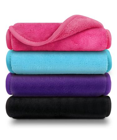 Orighty Makeup Remover Cloths Pack of 4, Reusable Microfiber Facial Cleansing Cloths, Remove Instantly Dirt, Makeup&Waterproof Mascara with Just Water, 15.5 x 7.5 in, Blue/Purple/Black/Pink 4 Count (Pack of 1)