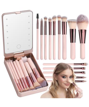 Travel Makeup Brush Set with LED Mirror Professional and Mini Makeup Brushes Set 14Pcs Eye Shadows Makeup Set Storage Box (Rose Gold)