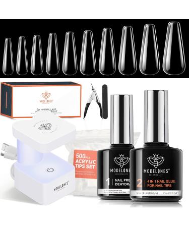 Modelones Nail Tips and Glue Gel Kit 4 in 1 Nail Glue and Base Gel Ultra-Portable Nail Lamp with 500Pcs Coffin Nails Nail Prep Dehydrate DIY Acrylic Nail Kit Nail Art Tools Gel Nail Extension Kit Nude Clear