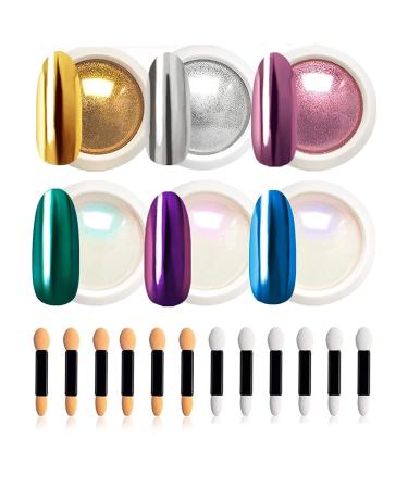 Chrome Nail Powder 6 Jars Metallic Mirror Effect Holographic Iridescent Nail Powder Aurora Shell Chrome Powder Nail Pigment Powder Glitter Nail Art Decoration C Chrome Powder