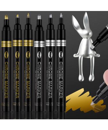 NiArt 6-Pack Liquid Chrome Metallic Paint Pens in Gold and Silver with 3 Tip Sizes (1-3mm) for Mirror Reflective Glossy Permanence on Metal Glass Plastic Rock Graffiti Cars DIY Art and Crafts