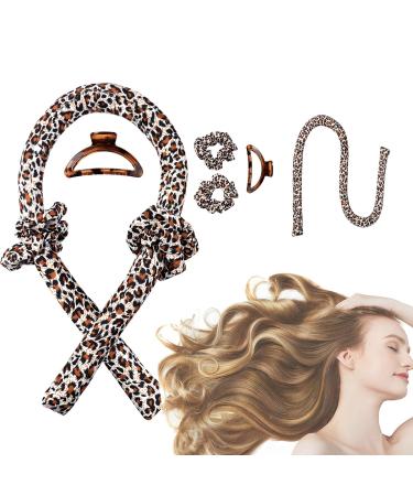 No Heat Curlers, Overnight Heatless Curls for Long Hair, Heatless Curling Rod Headband You Can Sleep In, Soft Silk DIY Hair Styling Tools Kit (Leopard)