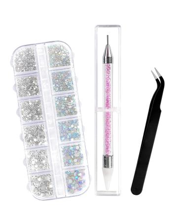 Sularpek 1500 Pcs Rhinestones 6 Sizes Flat Back Gems AB Clea Crystal Nail Art Rhinestones with Pick Up Tweezers and Rhinestone Picker Dotting Pen Nail Art Tools for Crafts Nail and Face