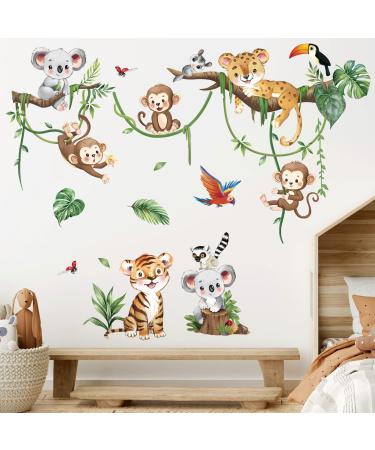 decalmile Jungle Animal Tree Branch Wall Decals Safari Animal Monkey Koala Wall Stickers Baby Nursery Kids Bedroom Living Room Wall Decor