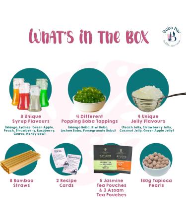 Boba Bar London | Fruit Fantasy Fruit Bubble Tea Kit | 8 Fruit Tea Flavours | 8 Boba & Jelly Toppings | Tapioca Pearls | 8 Bamboo Straws | 8 Tea Bags | 2 Recipe Cards - Buy Online on SooperMarket.com