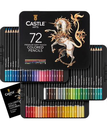 Castle Art Supplies 72 Colored Pencils Set | Quality Soft Core Colored Leads for Adult Artists, Professionals and Colorists | Protected and Organized in Presentation Tin Box 72 Count (Pack of 1)
