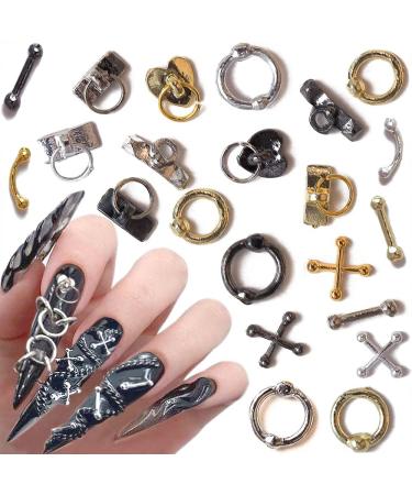 Dornail Pack of 30 Punk Nail Charms Alloy Nail Charms Pendant 3D Cross Nail Pendant Metal Hanging Rings Bar Gothic Nail Jewellery Nail Art Accessories Nail Set Nail Art Decoration