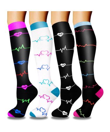Actinput 4 pairs of compression stockings for women men colorful support stockings compression socks for sports flight running travel cycling nurse 4104 - black S -M