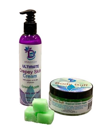 Ultimate Crepey Skin Cream And Sugar Scrub Set (Green Apple Scent) With Hyaluronic Acid Argan Oil Silk Peptides and More For Dry Crepey. Damaged and Aging Skin 8oz Green Apple Scent