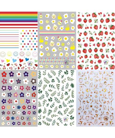 Kalolary 3D Nail Art Stickers - 1000+ Patterns Decals for Women & Kids - Spring Flower Fruit Plant Stars Moon Smiling Face - Manicure Salon Gift (12 Sheets) - Buy Online on SooperMarket.com