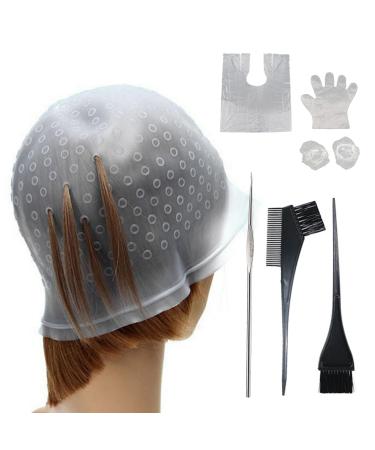 MIVAIUN 7Pcs Silicone Highlight Cap Kit Hair Color Reusable Highlighting Caps with Hook Salon Hair Dye Comb Hair Dye Brushes Shawl Gloves Frosting Cap Set for Dyeing Hair (7Pcs)