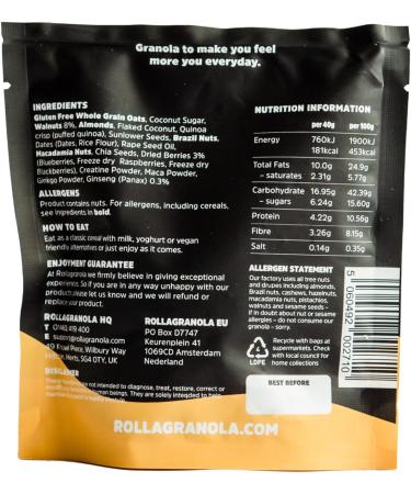 Rollagranola - Body & Soul Summer Berries & Walnut Oat Granola 10 x 40g Serving Gluten Free & Suitable for a Vegan Diet Crunchy Adaptogenic Granola Nutritiously Nootropic Naturally - Buy Online on SooperMarket.com