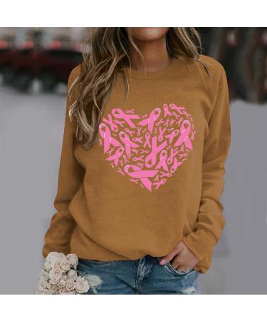 Yihaojia Breast Cancer Awareness Sweatshirts for Women Round Neck Long Sleeve Pullover Top Pink Ribbon Print Fall Blouse Khaki#55 XX-Large - Buy Online on SooperMarket.com