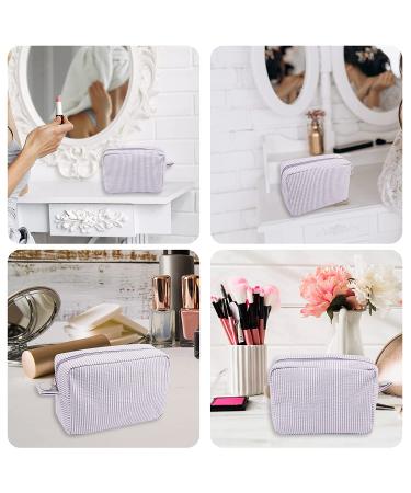 Seersucker Cosmetic Bag - Large Makeup Pouch Travel Toiletry Case | Purple Organizer for Women & Girls - Buy Online on SooperMarket.com
