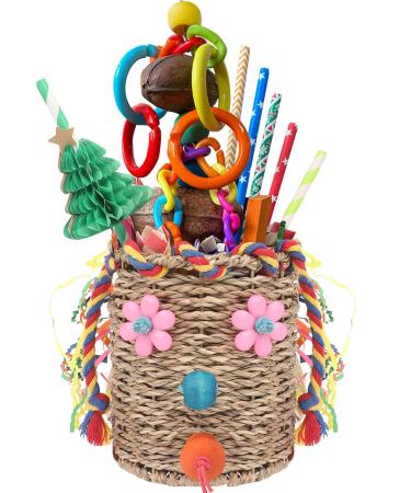 YIXUND Bird Toys Seagrass Foraging Basket Bird Toy with Colorful Crinkly Paper Wooden Blocks Paper and Bamboo Fingers Nuts DIY Honeycomb Tree for Small Medium Parrot Birds Pattern A