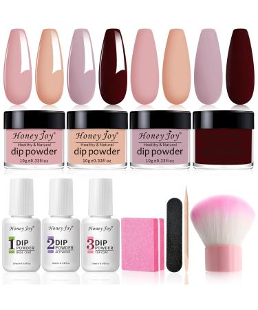 Honey Joy Dip Powder Nail Kit Starter 4 Colors Gentle Nude Brown Pink Neutral Skin Dipping Powder Liquid Set with Base Top Coat for Nail Art Manicure Salon DIY No LED Nail Lamp Needed Dip-7pcs-07