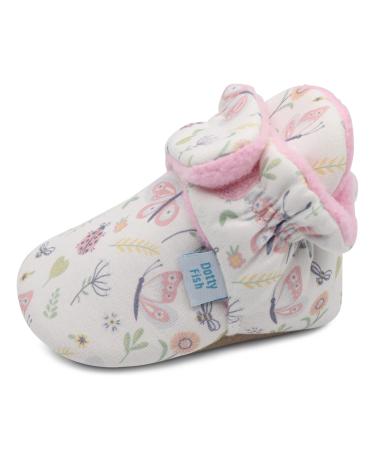 Dotty Fish Cotton Baby Booties with Suede Sole. Warm Fleece Lining. Non-Slip Pram Shoes. Stay On Slippers. From 0-18 months. Boys Girls Unisex. Winter First Shoes. 6-12 Months Soft Pink With Butterflies