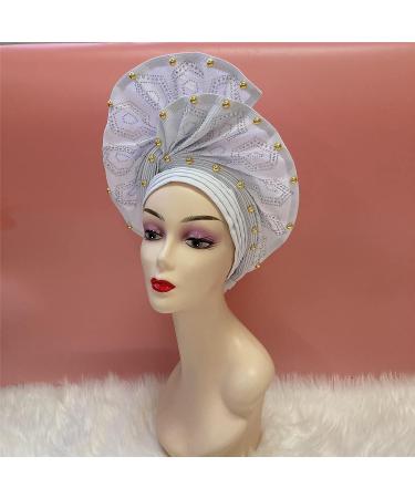 QliHut Luxury Nigerian Aso Oke Headtie - Ready-Made African Headwrap for Women | White Fabric Headband for Party and Events - Buy Online on SooperMarket.com