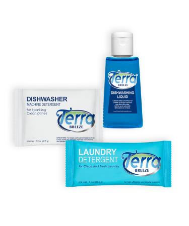 Travel Laundry Detergent & Dish Soap | Terra Breeze 1-Shoppe All-In-Kit Bulk Hotel Size Amenities for AirBnB & Rentals | Dishwashing Liquid Dishwasher Detergent & Premeasured Laundry Soap | 180 Pcs 180 PIECES