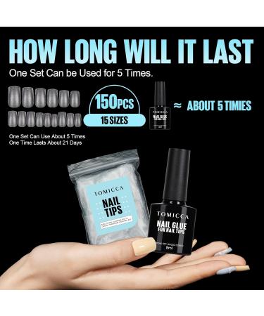 Tomicca Artificial Nails - Short Square Nail Tips for Gel Nails | 150 Pcs Soft Gel Full Cover Set with Glue | Professional Salon Quality - 15 Sizes Available - Buy Online on SooperMarket.com