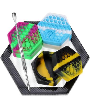5 Pieces Wax Silicone Container Jar Tools Include 26 ml Non Stick Hexagon Honeybee Jar Oil Wax Kitchen Storage Container with 5 Inch Wax Mat Pad and Wax Carving Tool